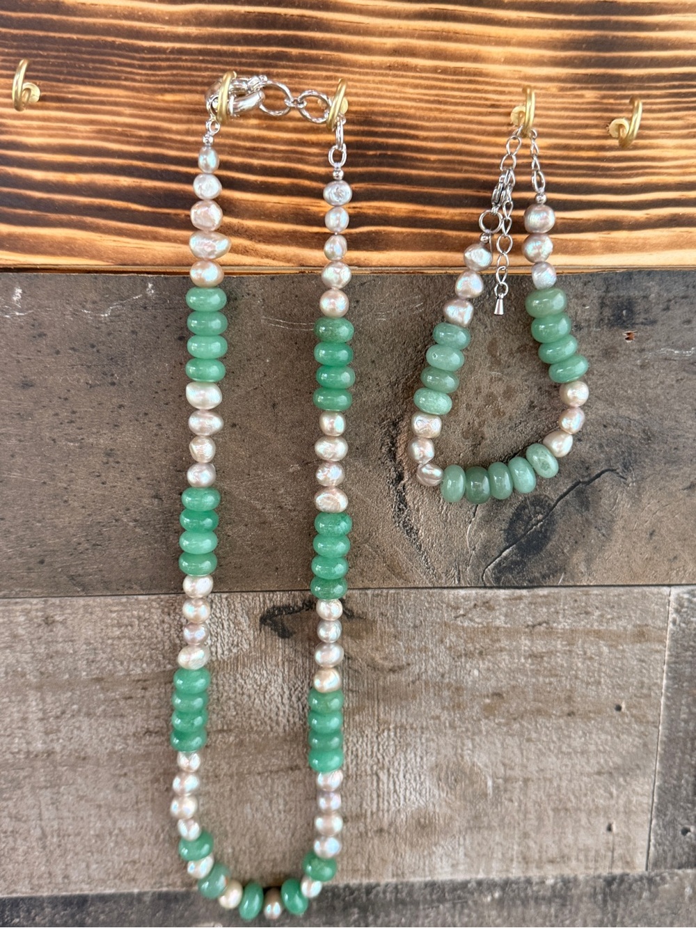 Natural Green Jade & Natural Champagne Baroque Pearl Bracelet & Necklace